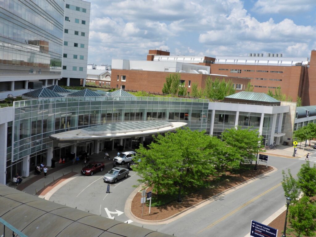 Looking down at main entrance of hospital